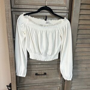 Divided Cream Off-Shoulder Smocked Waist Blouse